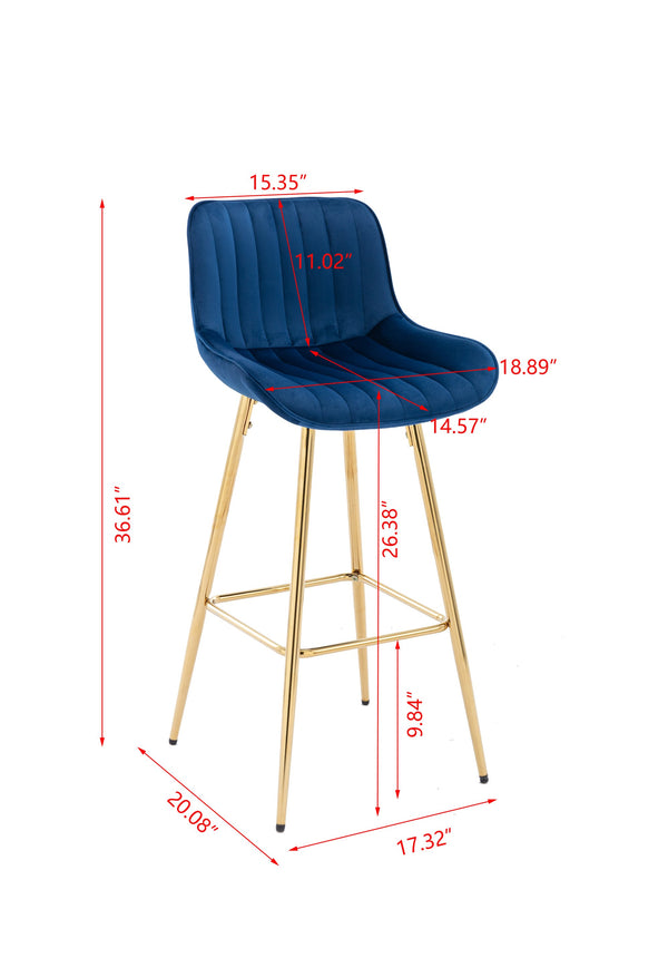 English Elm 26 Inch Set Of 2 Elegant Velvet Bar Stools With Gold Steel Frame, Plush Blue Design For Comfort W124973003