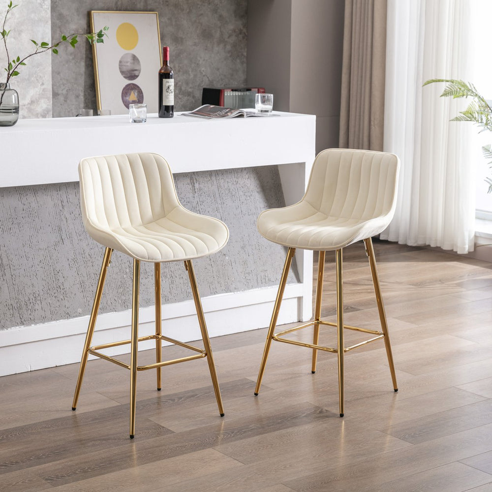 English Elm 26 Inch Set Of 2 Cream Velvet Bar Stools With Golden Legs & Chrome Footrest For Elegant Dining W124973005