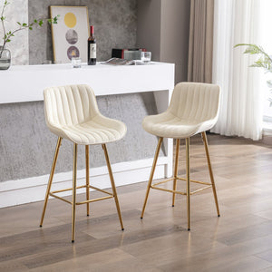 English Elm 26 Inch Set Of 2 Cream Velvet Bar Stools With Golden Legs & Chrome Footrest For Elegant Dining W124973005