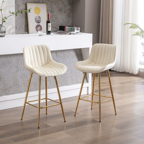 English Elm 26 Inch Set Of 2 Cream Velvet Bar Stools With Golden Legs & Chrome Footrest For Elegant Dining W124973005