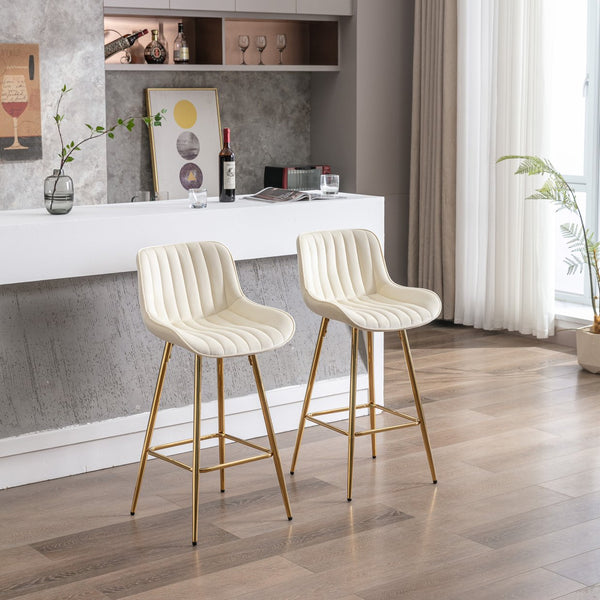 English Elm 26 Inch Set Of 2 Cream Velvet Bar Stools With Golden Legs & Chrome Footrest For Elegant Dining W124973005