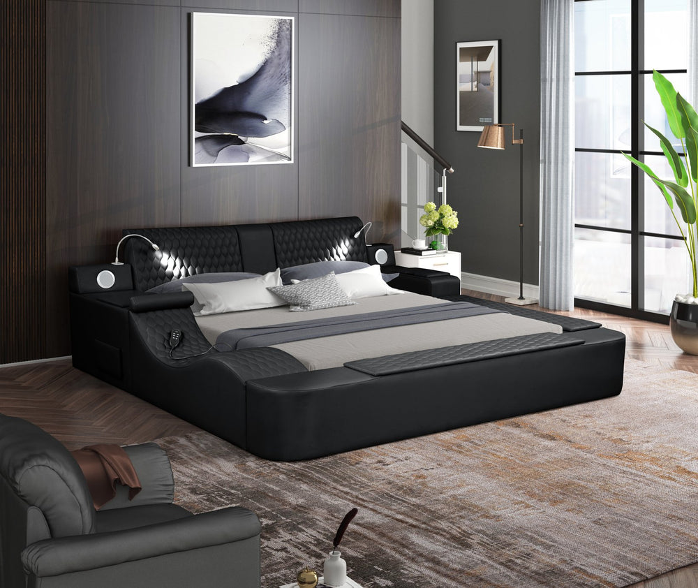 English Elm ZOYA Queen Bed Black with Remote Massage Chaise, Bluetooth Speakers, USB Charging & Storage drawers B009S01012