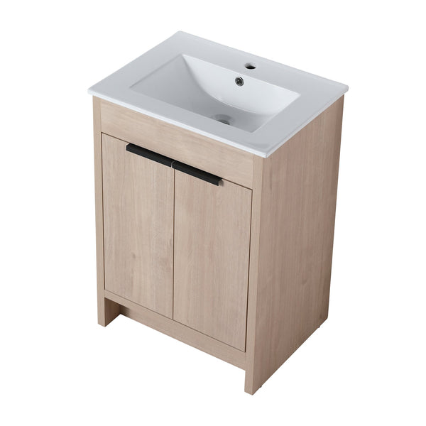 English Elm Freestanding Bathroom Vanity with Ceramic Sink, Soft-Close Doors, Adjustable Shelf, Water-Resist Finish W999S00060