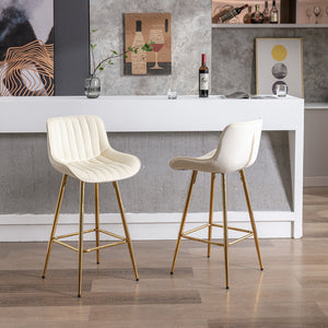 English Elm 26 Inch Set Of 2 Cream Velvet Bar Stools With Golden Legs & Chrome Footrest For Elegant Dining W124973005