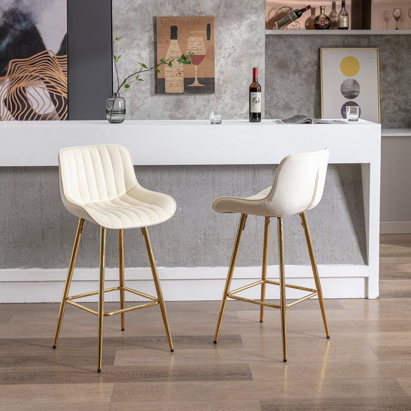 English Elm 26 Inch Set Of 2 Cream Velvet Bar Stools With Golden Legs & Chrome Footrest For Elegant Dining W124973005
