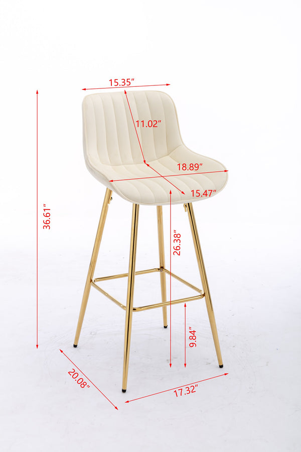 English Elm 26 Inch Set Of 2 Cream Velvet Bar Stools With Golden Legs & Chrome Footrest For Elegant Dining W124973005