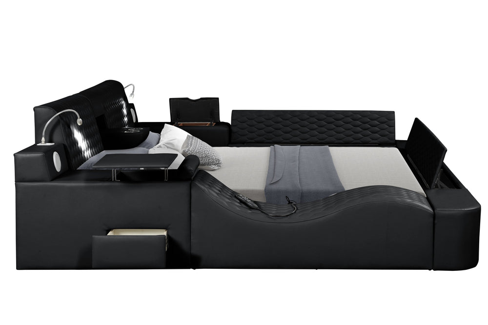 English Elm ZOYA Queen Bed Black with Remote Massage Chaise, Bluetooth Speakers, USB Charging & Storage drawers B009S01012