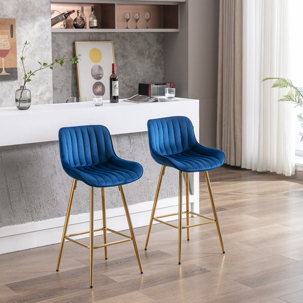 English Elm 26 Inch Set Of 2 Elegant Velvet Bar Stools With Gold Steel Frame, Plush Blue Design For Comfort W124973003