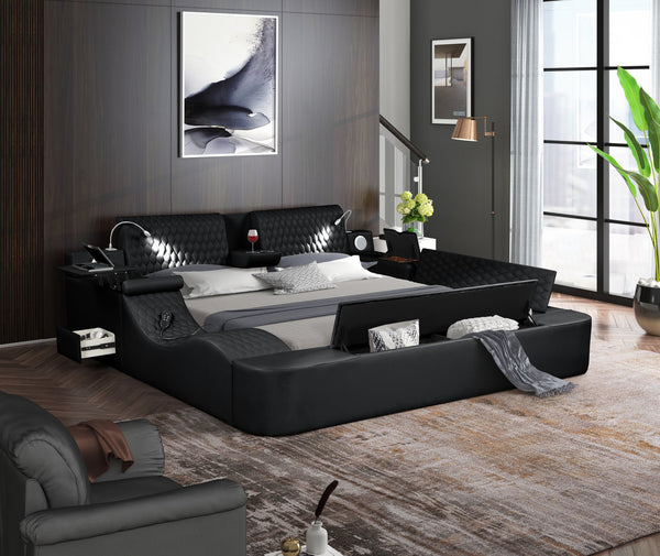 English Elm ZOYA King Bed Black — Smart Multifunctional Platform with Massage Chaise, Bluetooth, USB, Storage B009S01013