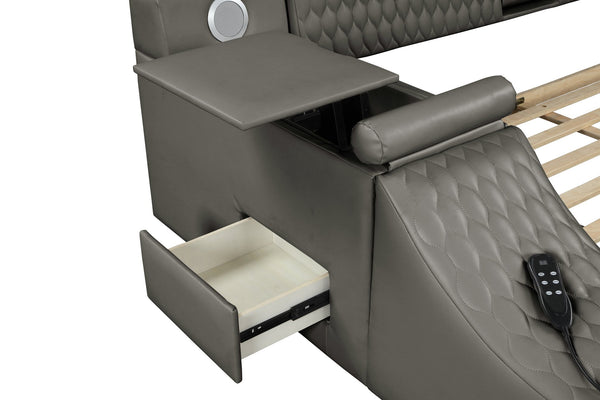 English Elm ZOYA Ultra-Modern Queen Bed with Massage Chaise, Bluetooth Speakers, USB Charging & Storage Gray B009S01666