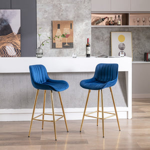 English Elm 26 Inch Set Of 2 Elegant Velvet Bar Stools With Gold Steel Frame, Plush Blue Design For Comfort W124973003