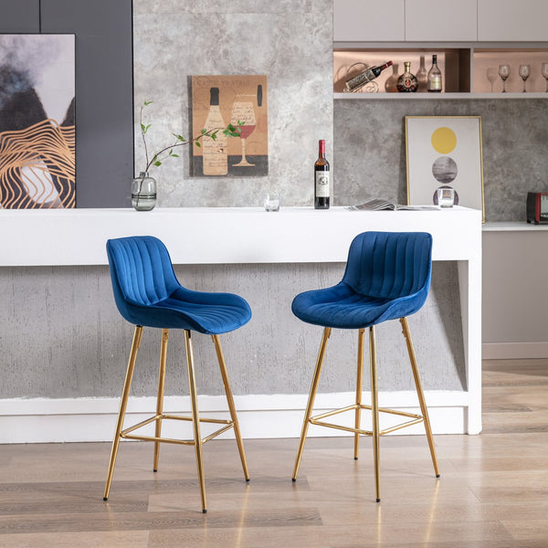 English Elm 26 Inch Set Of 2 Elegant Velvet Bar Stools With Gold Steel Frame, Plush Blue Design For Comfort W124973003