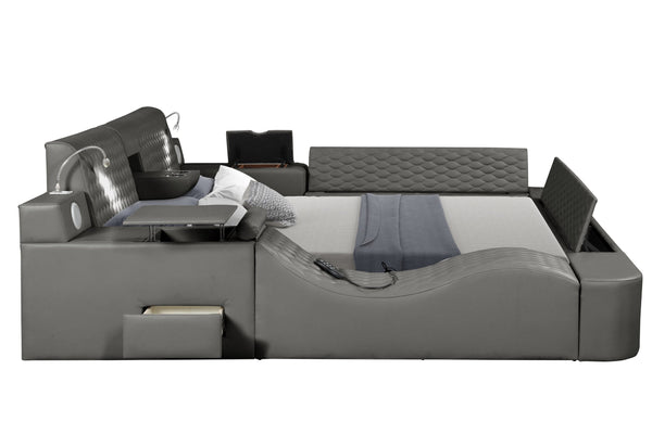 English Elm ZOYA King Bed Gray with Remote Massage Chaise, Bluetooth Speakers, USB Charging & Storage Drawers B009S01009