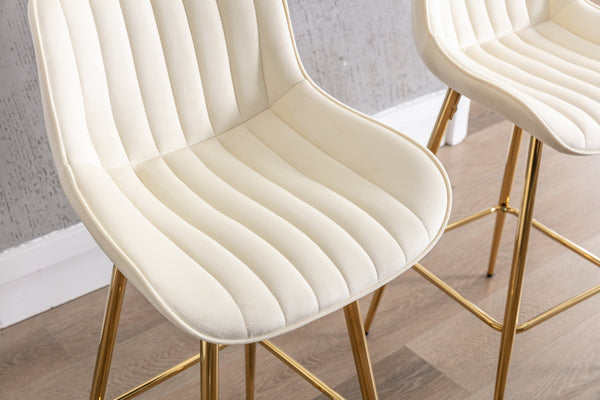 English Elm 26 Inch Set Of 2 Cream Velvet Bar Stools With Golden Legs & Chrome Footrest For Elegant Dining W124973005