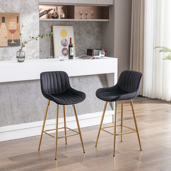 English Elm 26 Inch Set Of 2 Velvet Bar Stools With Golden Legs & Chrome Footrests – Chic & Comfortable Seating W124973004