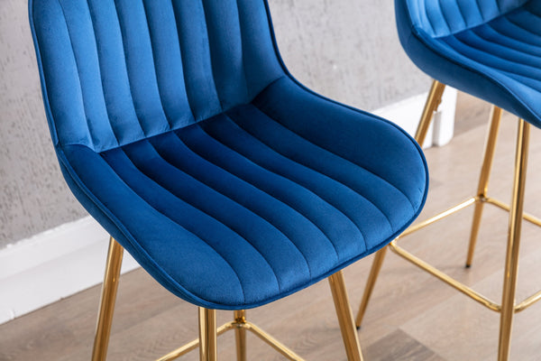 English Elm 26 Inch Set Of 2 Elegant Velvet Bar Stools With Gold Steel Frame, Plush Blue Design For Comfort W124973003