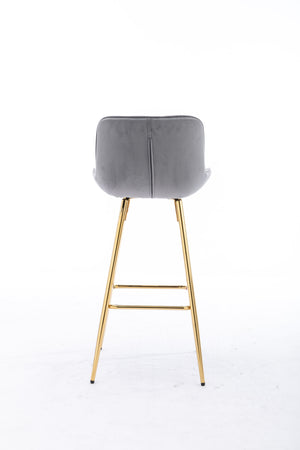English Elm 30 Inch Set Of 2 Gray Velvet Bar Stools With Golden Legs & Chrome Footrest For Modern Spaces W124973001