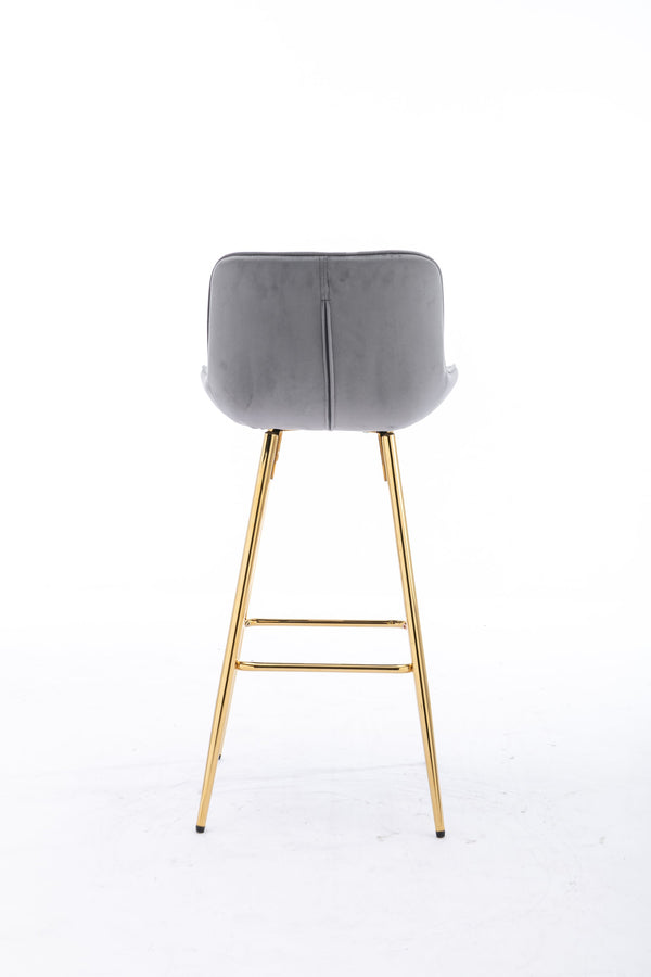 English Elm 30 Inch Set Of 2 Gray Velvet Bar Stools With Golden Legs & Chrome Footrest For Modern Spaces W124973001