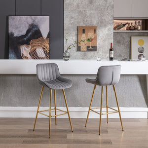 English Elm 30 Inch Set Of 2 Gray Velvet Bar Stools With Golden Legs & Chrome Footrest For Modern Spaces W124973001