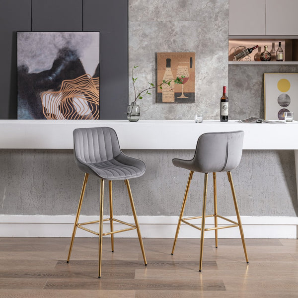 English Elm 30 Inch Set Of 2 Gray Velvet Bar Stools With Golden Legs & Chrome Footrest For Modern Spaces W124973001