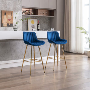 English Elm 30 Velvet Counter Stools Set of 2 with Chrome Footrest and Gold Legs — Plush Upholstery, Modern Chic Blue W124972996