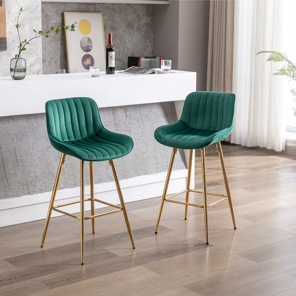 English Elm 26 Inch Set Of 2 Green Velvet Bar Stools With Chrome Footrest & Golden Legs For Modern Spaces W124973002
