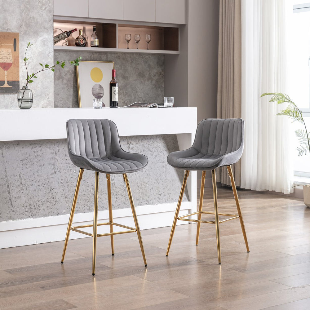 English Elm 26 Inch Set Of 2 Elegant Velvet Bar Stools With Golden Legs & Chrome Footrest For Modern Spaces W124973006