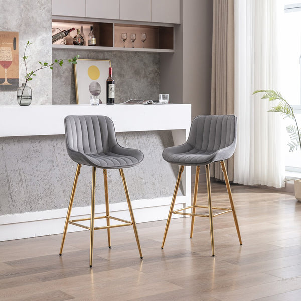 English Elm 26 Inch Set Of 2 Elegant Velvet Bar Stools With Golden Legs & Chrome Footrest For Modern Spaces W124973006