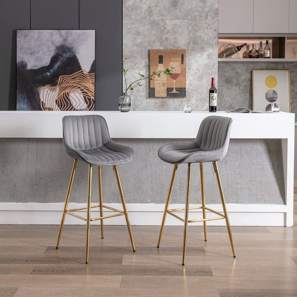 English Elm 30 Inch Set Of 2 Gray Velvet Bar Stools With Golden Legs & Chrome Footrest For Modern Spaces W124973001