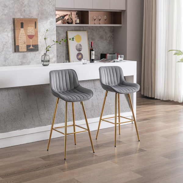 English Elm 30 Inch Set Of 2 Gray Velvet Bar Stools With Golden Legs & Chrome Footrest For Modern Spaces W124973001