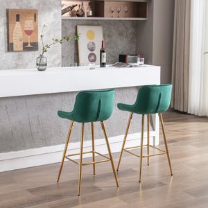 English Elm 26 Inch Set Of 2 Green Velvet Bar Stools With Chrome Footrest & Golden Legs For Modern Spaces W124973002