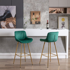 English Elm 30 Velvet Counter Stools Set of 2 with Chrome Footrest and Gold Legs — Plush Upholstery, Modern Chic Green W124972995