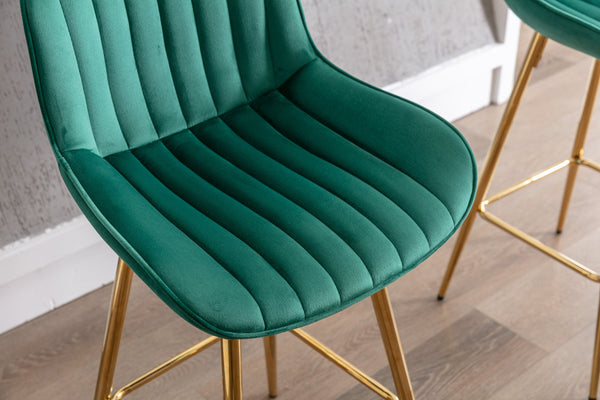 English Elm 26 Inch Set Of 2 Green Velvet Bar Stools With Chrome Footrest & Golden Legs For Modern Spaces W124973002