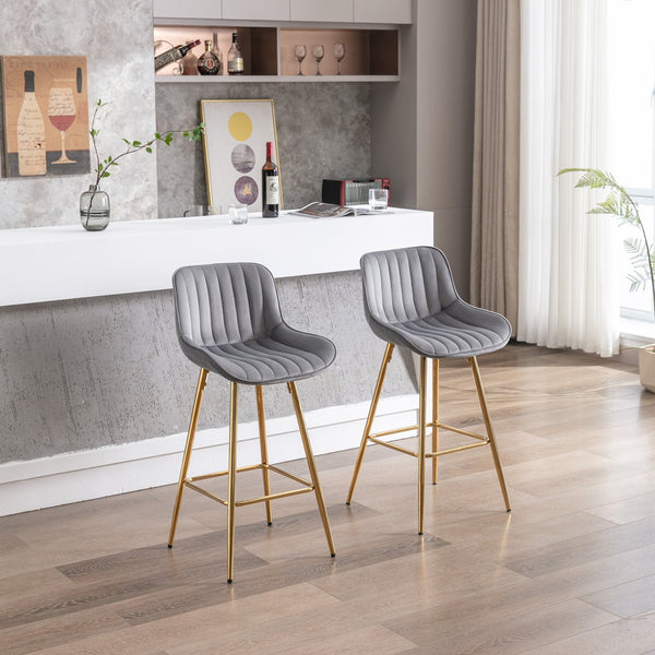 English Elm 26 Inch Set Of 2 Elegant Velvet Bar Stools With Golden Legs & Chrome Footrest For Modern Spaces W124973006