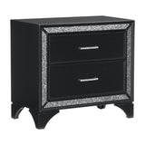 Black Metallic Finish 1 Piece Nightstand, 2 Drawers, Crystal Handles, Modern Wooden Furniture