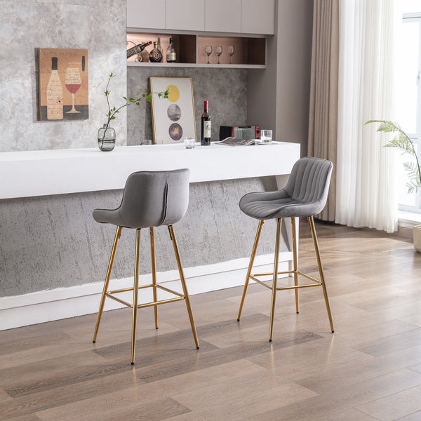 English Elm 30 Inch Set Of 2 Gray Velvet Bar Stools With Golden Legs & Chrome Footrest For Modern Spaces W124973001