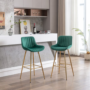 English Elm 30 Velvet Counter Stools Set of 2 with Chrome Footrest and Gold Legs — Plush Upholstery, Modern Chic Green W124972995