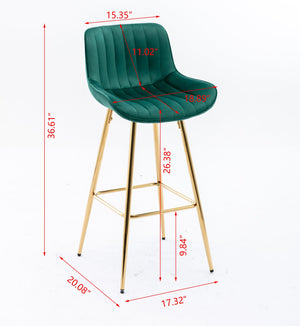 English Elm 26 Inch Set Of 2 Green Velvet Bar Stools With Chrome Footrest & Golden Legs For Modern Spaces W124973002