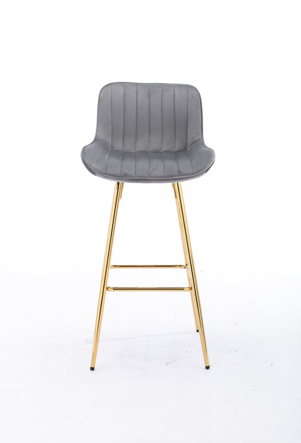 English Elm 30 Inch Set Of 2 Gray Velvet Bar Stools With Golden Legs & Chrome Footrest For Modern Spaces W124973001
