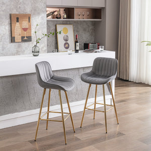 English Elm 30 Inch Set Of 2 Gray Velvet Bar Stools With Golden Legs & Chrome Footrest For Modern Spaces W124973001