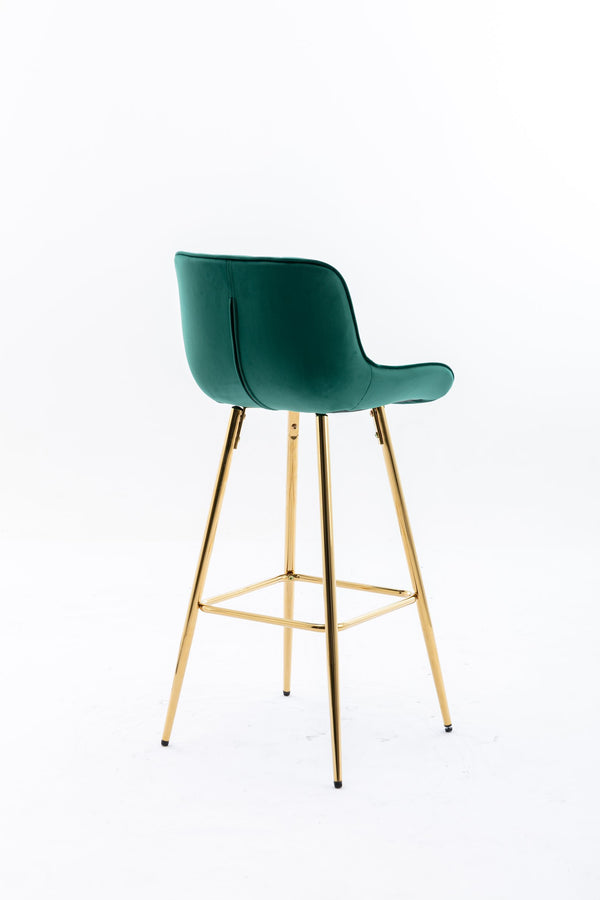 English Elm 26 Inch Set Of 2 Green Velvet Bar Stools With Chrome Footrest & Golden Legs For Modern Spaces W124973002