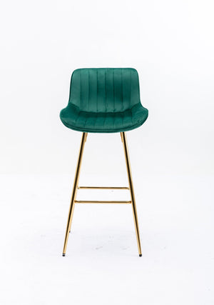 English Elm 26 Inch Set Of 2 Green Velvet Bar Stools With Chrome Footrest & Golden Legs For Modern Spaces W124973002