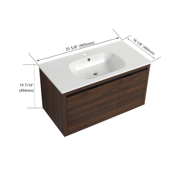 English Elm 36 Inch Floating Bathroom Vanity with Gel Basin, Soft-Close Doors & Drawers, Water-Resistant Plywood W99968127