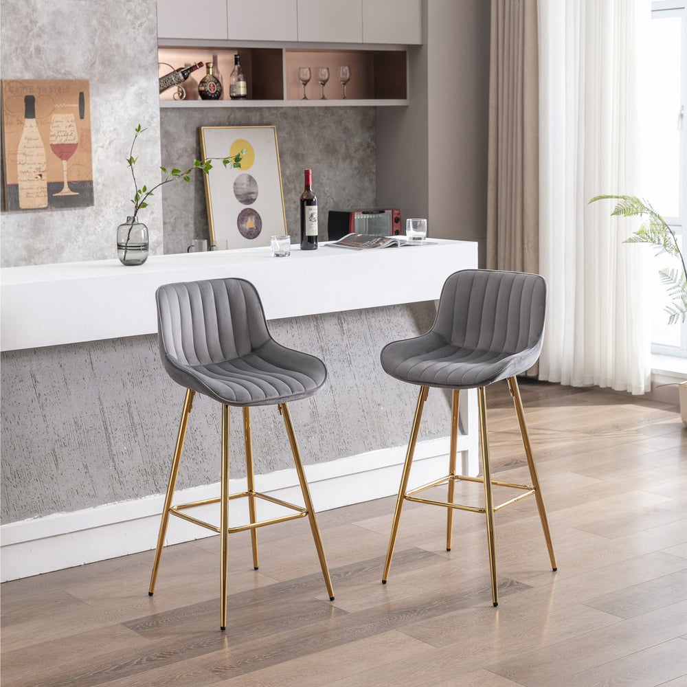 English Elm 30 Inch Set Of 2 Gray Velvet Bar Stools With Golden Legs & Chrome Footrest For Modern Spaces W124973001