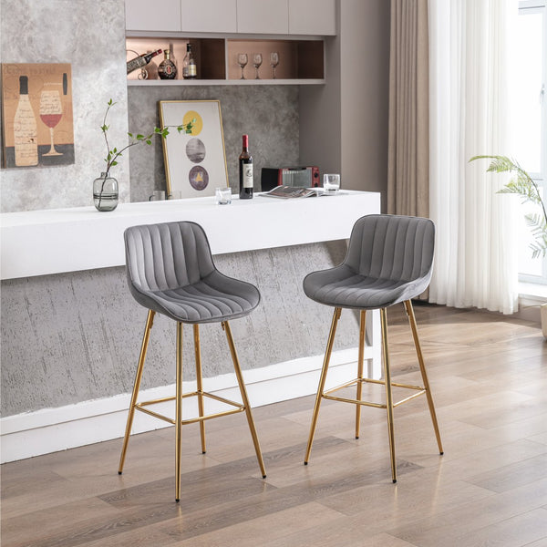 English Elm 30 Inch Set Of 2 Gray Velvet Bar Stools With Golden Legs & Chrome Footrest For Modern Spaces W124973001