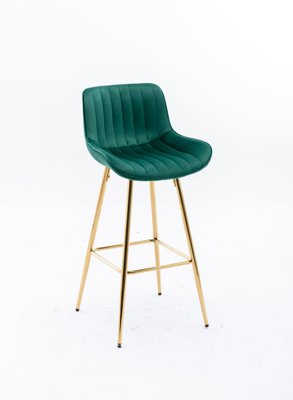 English Elm 26 Inch Set Of 2 Green Velvet Bar Stools With Chrome Footrest & Golden Legs For Modern Spaces W124973002