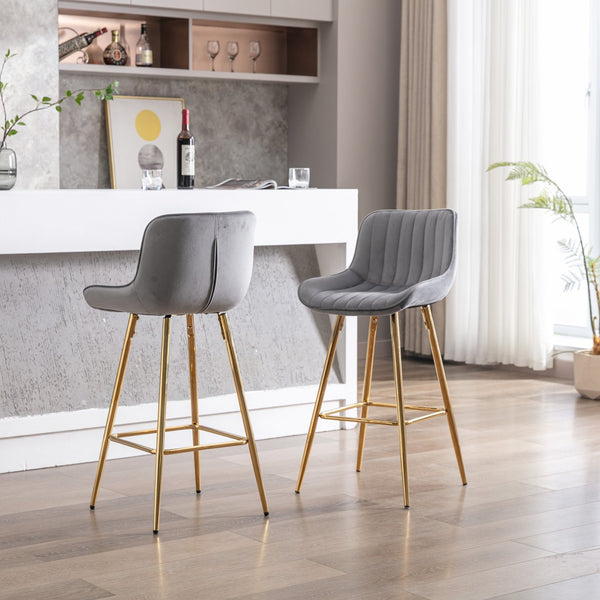 English Elm 26 Inch Set Of 2 Elegant Velvet Bar Stools With Golden Legs & Chrome Footrest For Modern Spaces W124973006