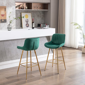 English Elm 26 Inch Set Of 2 Green Velvet Bar Stools With Chrome Footrest & Golden Legs For Modern Spaces W124973002