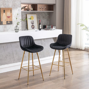 English Elm 30 Velvet Counter Stools Set of 2 with Chrome Footrest and Gold Legs — Plush Upholstery, Modern Chic Black W124972998