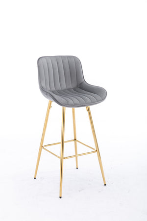 English Elm 30 Inch Set Of 2 Gray Velvet Bar Stools With Golden Legs & Chrome Footrest For Modern Spaces W124973001